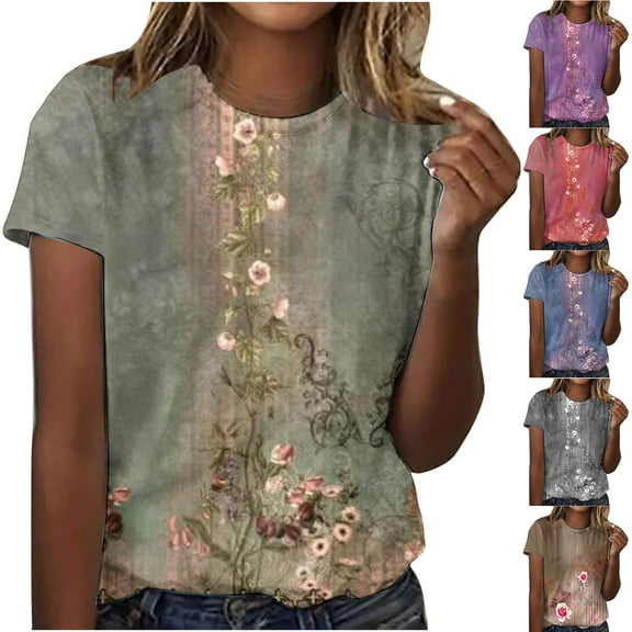 Fesfesfes Tshirt for Women's Casual Retro Printed Round Neck Short Sleeved Top Crop Top Sweaters for Women XL(US:10)