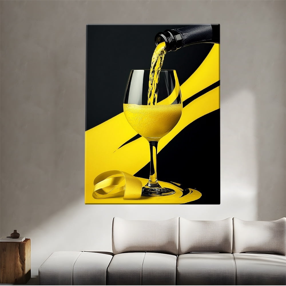 2D Flat, Modern Abstract Canvas Wall Art - Vibrant Yellow Liquid Pouring into Glass Painting with Bold Black & Yellow Contrast, Wrapped Wooden Frame, High-Quality Canvas Print for Living Room