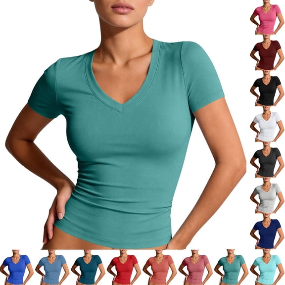 Womens Basic V Neck Short Sleeve Spring T Shirts Slim Fit Crop Y2k Tee 2026 Summer Gym Workout Cute Top Turquoise 2XL