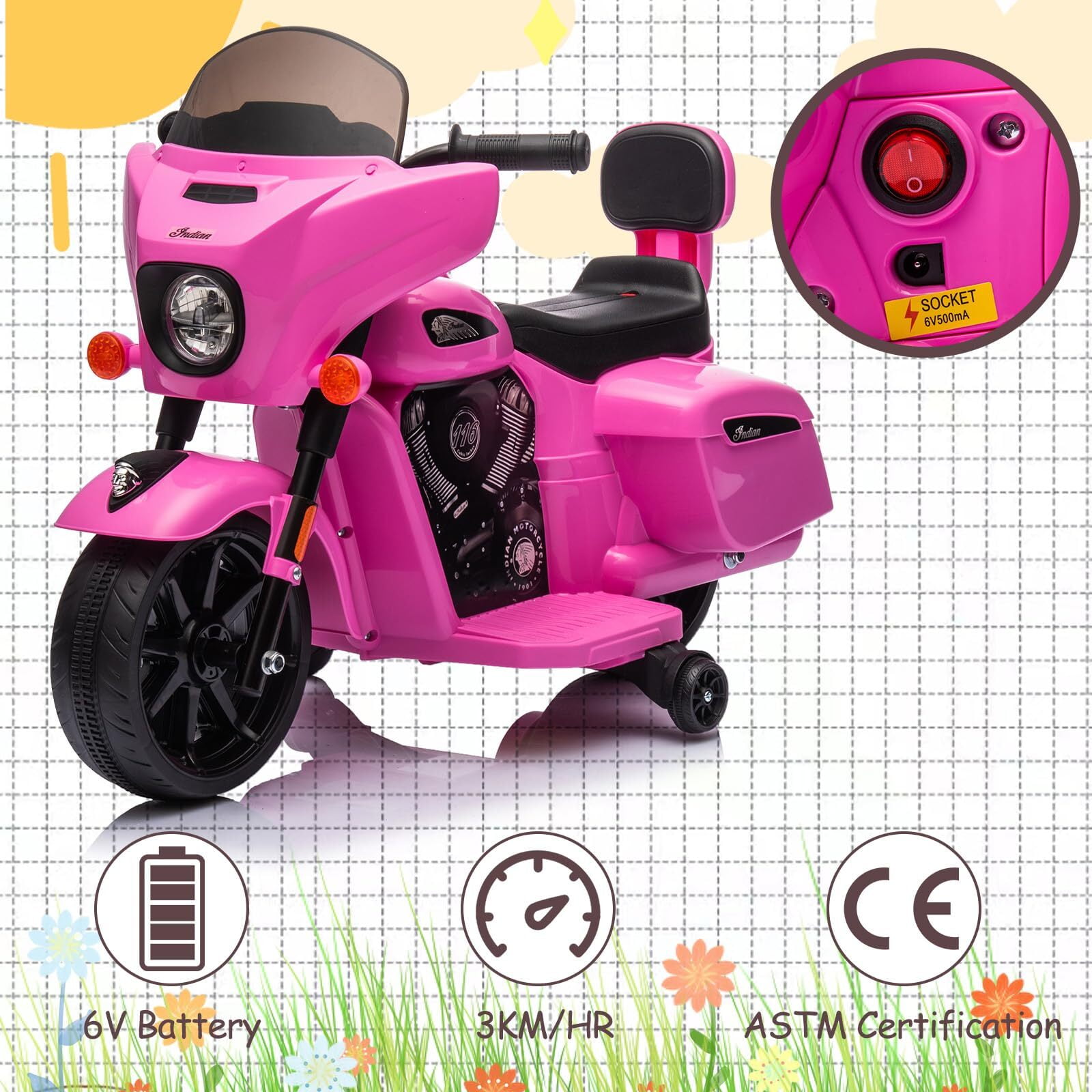 Kids Ride On Motorcycle, Licensed Indian 6V Ride on Toy Electric Motorcycle with USB, AUX，Music and Headlight for Toddler Boys and Girls