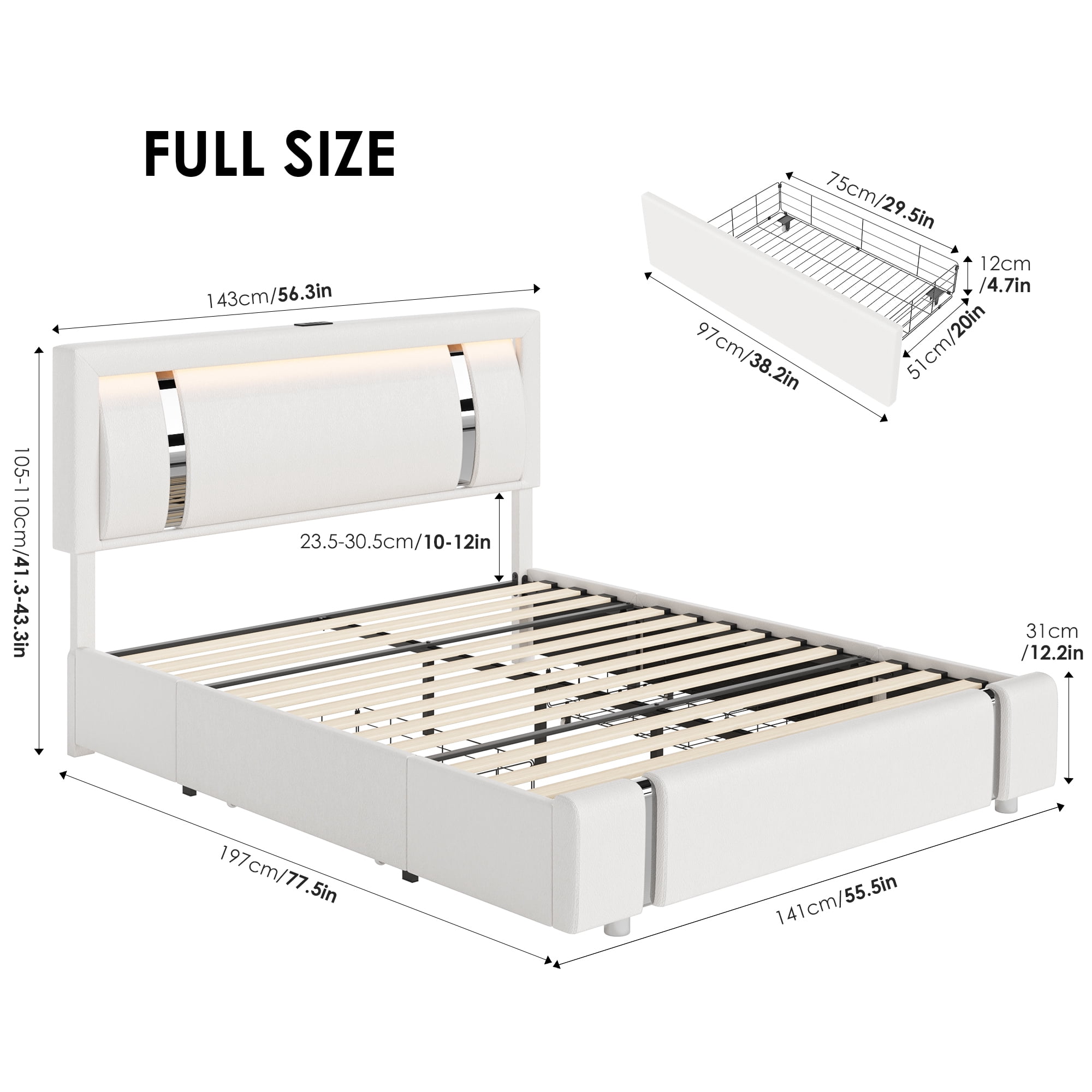 Homfa Full Size LED Bed Frame with 2 Storage Drawer & Charge Station, PU Low Profile Upholstered Platform Full Bed with Adjustable Headboard, White