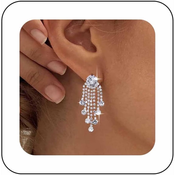 Sparkly Silver Rhinestone Tassel Earrings for Women Crystal Dangle Drop Earring Cubic Zirconia Chandelier earrings for Wedding Bridal Jewelry for Women