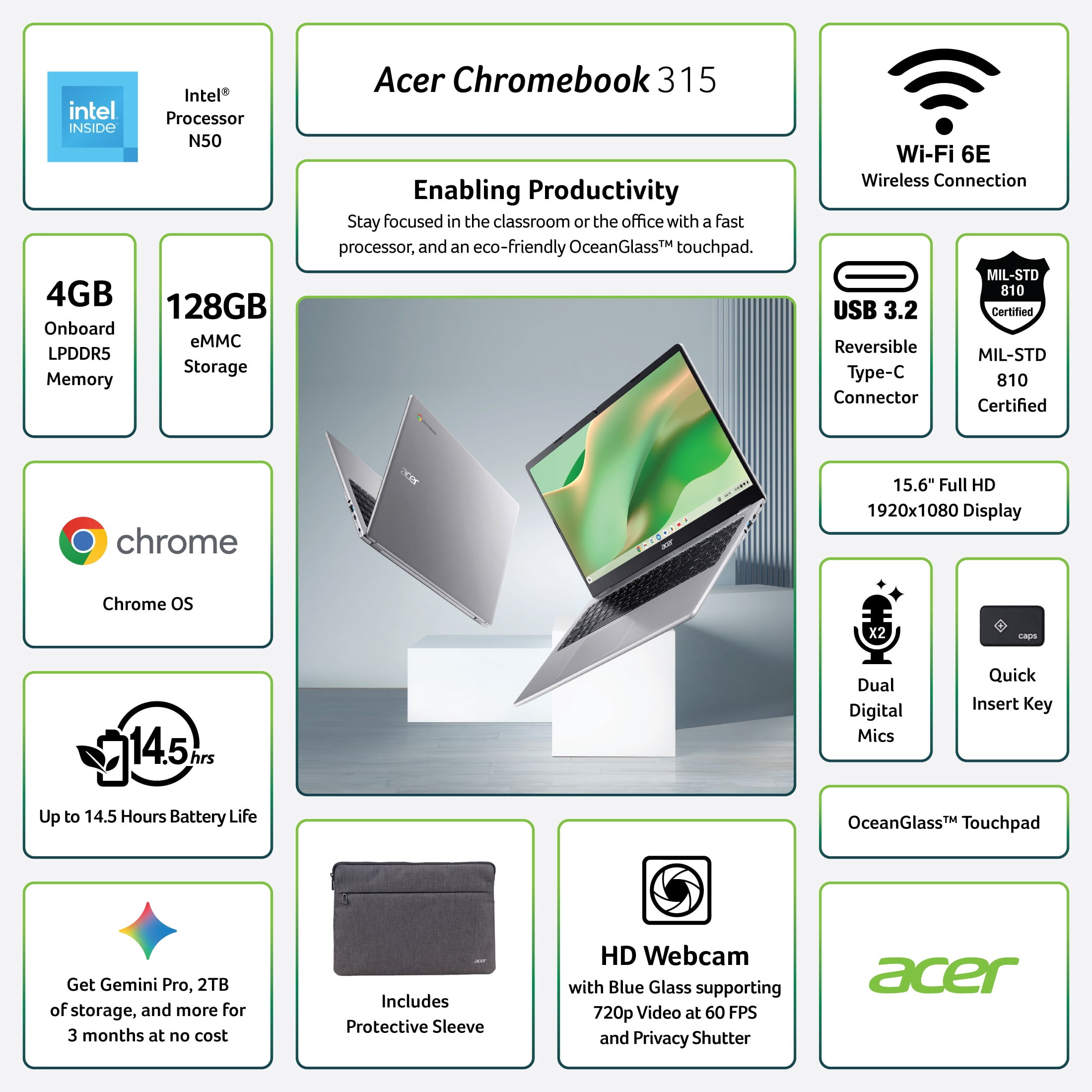 Acer Chromebook 315 15.6-inch FHD (1920 x 1080) Laptop with Google AI, Intel Processor N50, 4GB RAM, 128GB eMMC, Protective Sleeve, Sparkly Silver