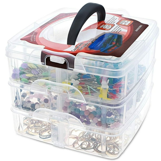 3Layer Craft Organizer Box, Plastic Stackable Craft Storage Organizer Case with Adjustable