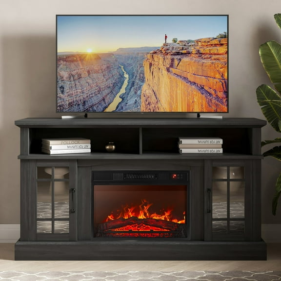 BELLEZE  58" TV Stand with 23" Electric Fireplace, Fireplace TV Console for TV up to 65 Inch, Home Entertainment Center with Storage Cabinet & Adjustable Shelves - Astorga (Rustic Grey)
