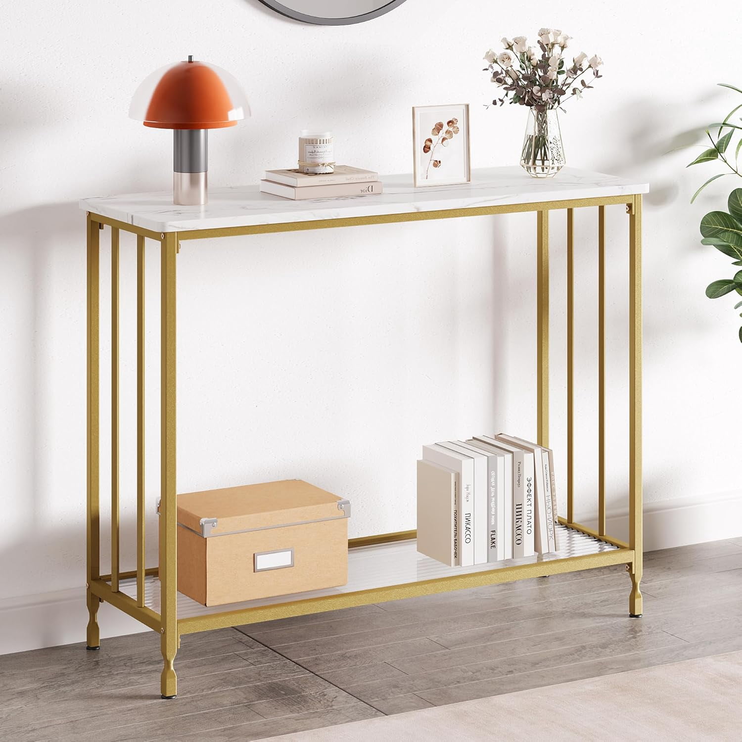 Console Table, Sofa Tables Narrow Entryway Table with Glass Shelf and Metal Frame, 33.5" Behind Couch Table Industrial Hallway Table for Living Room, Foyer, Bedroom, Modern Gold