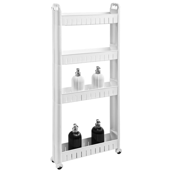 4-Tier Slim Rolling Storage Cart – 3.5" Wide Narrow Slide-Out Bathroom Organizer, Tiered Utility Cart with Wheels & Hanging Hooks, Space-Saving Mobile Rack for Laundry Room, Kitchen & Office