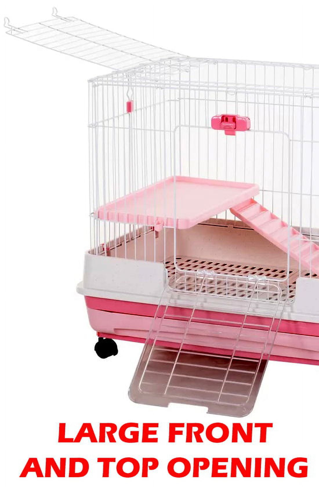 Pink X-Large 32”L 2-Level Indoor Small Animal Rabbit Guinea Pig Cage Easy Pull Out Washable Tray With Wheels
