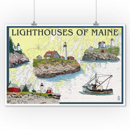 Maine Lake Charts Lighthouses of Maine - Nautical Chart - Lantern Press Artwork (9x12 Art Print, Wall Decor Travel Poster) ()