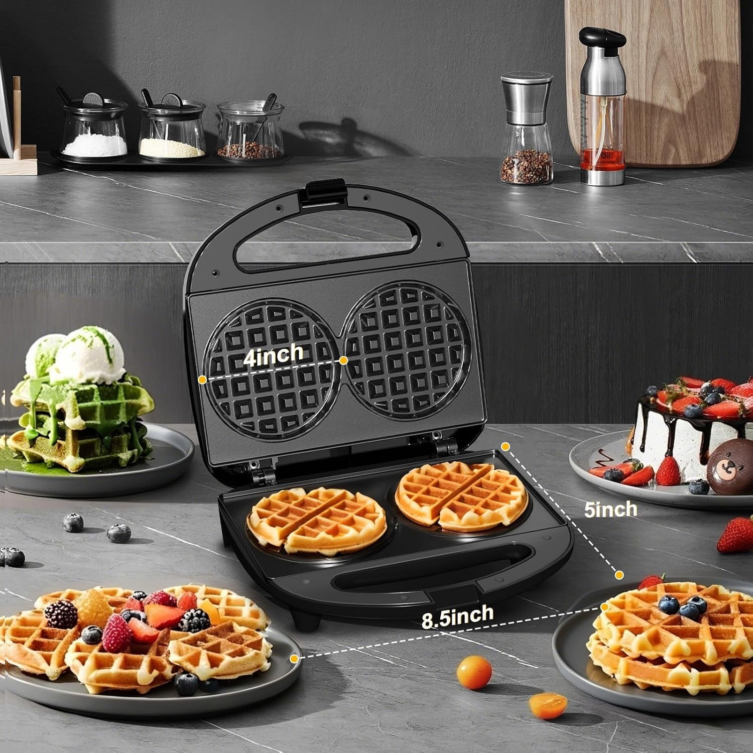 OSTBA Compact Double 4″ Belgian Waffle Maker – 750W Mini Waffle Iron, Nonstick Plates, Cool-Touch Handle, Space-Saving, Perfect for Dorms & Family Brunch