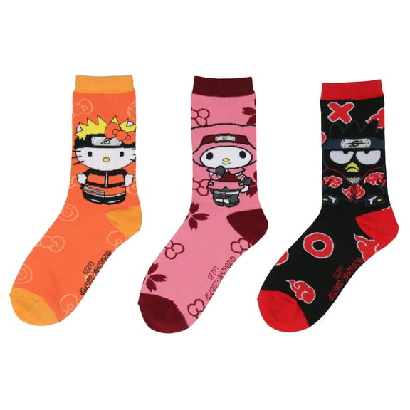 Naruto Shippuden X Hello Kitty And Friends Adult 3-Pack Crew Socks For Men And Women