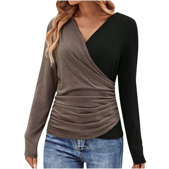 tarylea Women Blouse Trendy V Neck Cross Front Tops Solid Color Long Sleeve Fitted Shirts Casual Dailywear Vacation Tops