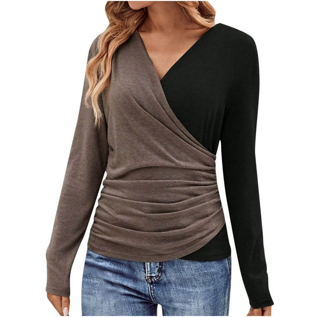 FAIWAD Womens Slim Deep V Neck Cross Wrap Top Long Sleeve Solid Color Pullover Tunic Top