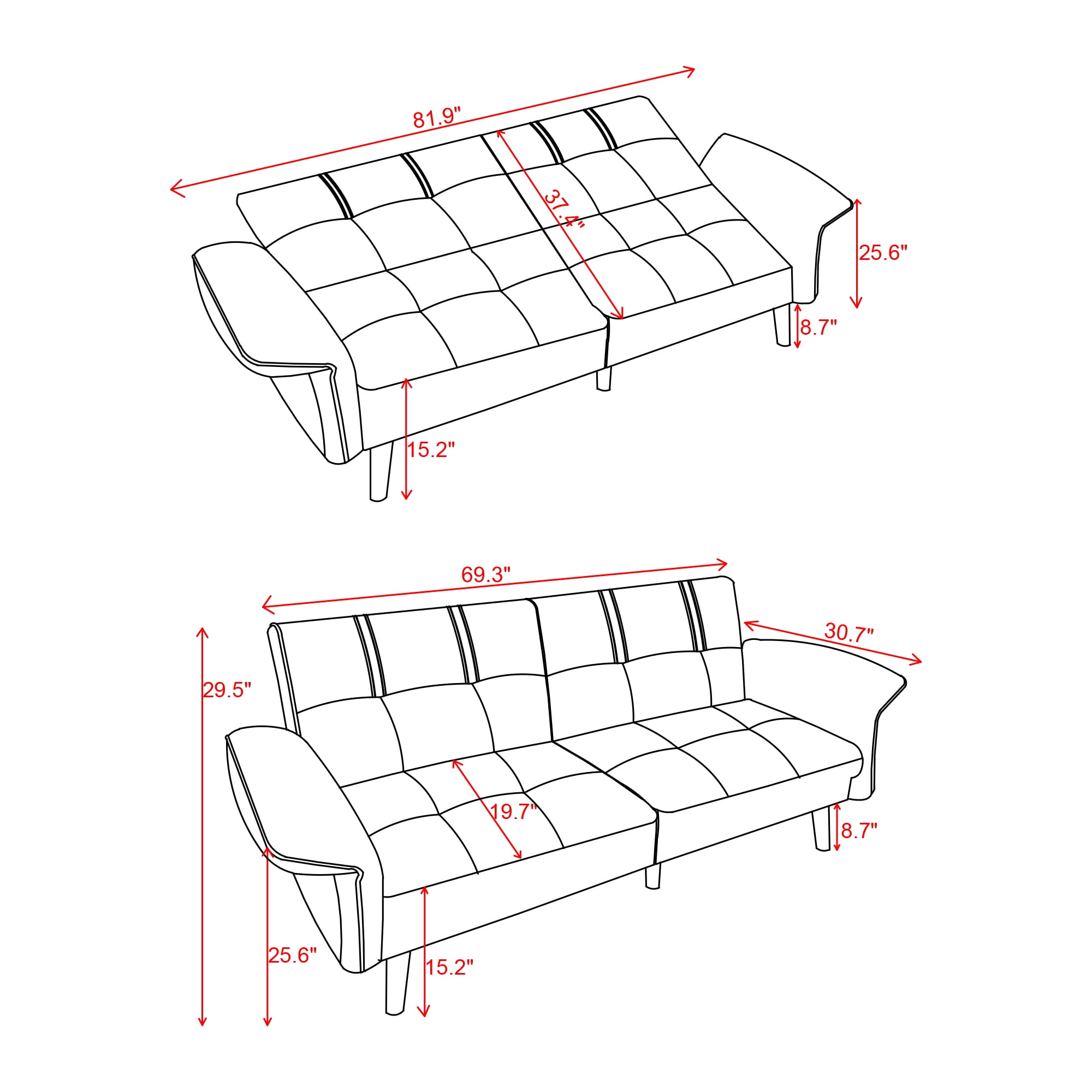 Walsunny 79" Velvet Futon Couch Sofa Bed, Folding Sleeper Loveseat with Adjustable Armrests Backrest Light Grey