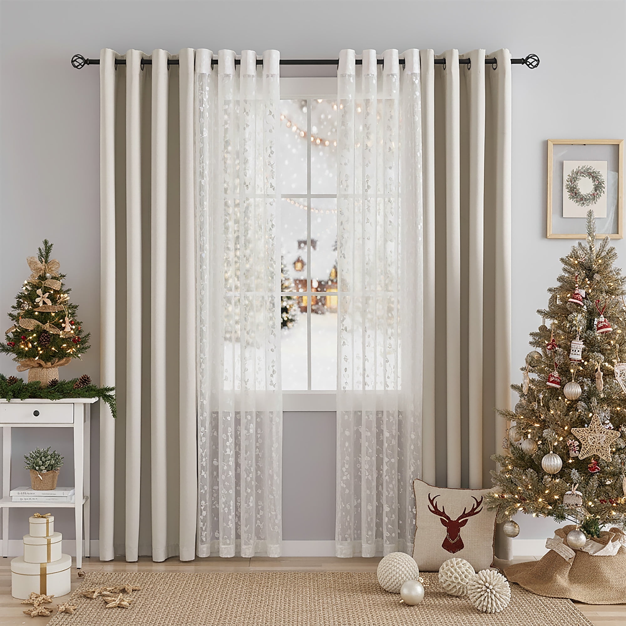 Flowpartex Beige White Mix Matched Full Blackout Curtains with Lace Leaf Sheer 4 Window Sheer Panels for Modern Bedroon Living Room Decor, 52" W x 95" L