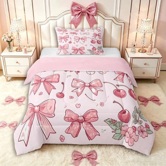 Manfei Cartoon Ribbon Bow Tie Twin Comforter Sets 3-Piece for Kids Girls,Cute Flowers Cherry Bedding Set for Teens Women,Pink Reversible,Lightweight Room Decor