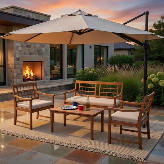 GVN Backyard Furniture Sets,Outdoor Furniture Sets,4 Piece Wood Patio Furniture with Armchairs Loveseat and Coffee Table-Off White
