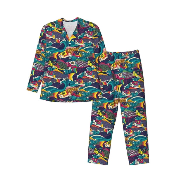 Fotbe Colorful Carp Streamer Pijama de Hombre con Estampado de Manga Larga, Conjunto de 2 Piezas, Ropa de Dormir Suave y Cómoda con Bolsillos-Small