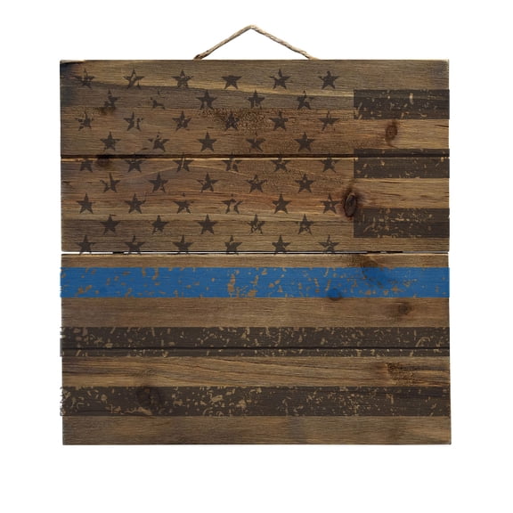 Weathered Thin Blue Line US Flag - Decorative REAL WOOD Wall Art - Faux Pallet Look