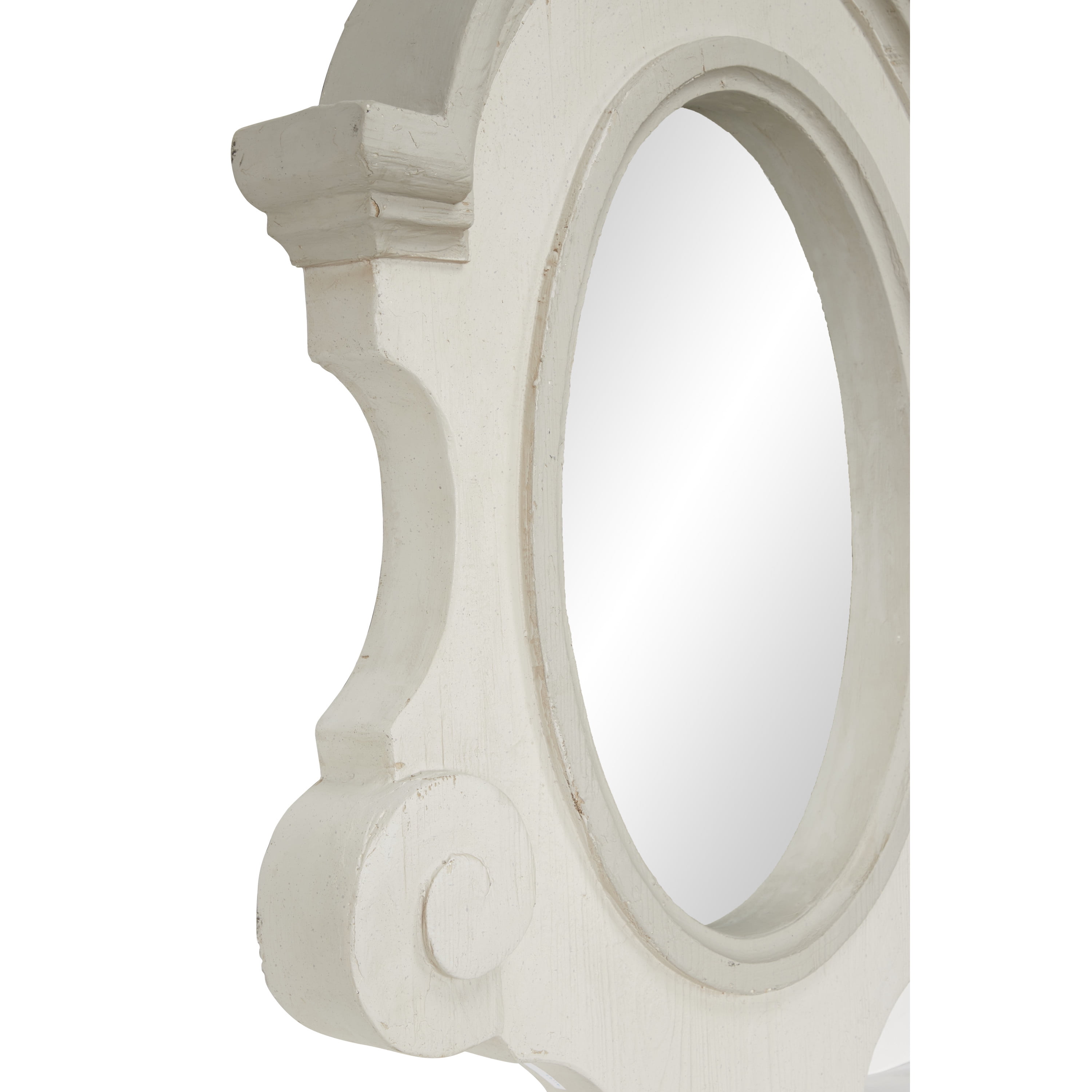 Decmode - 34.5” x 43” Large Antique Light Gray Wood Oval Wall Mirror w/ Arched Frame & Carved Scrolls