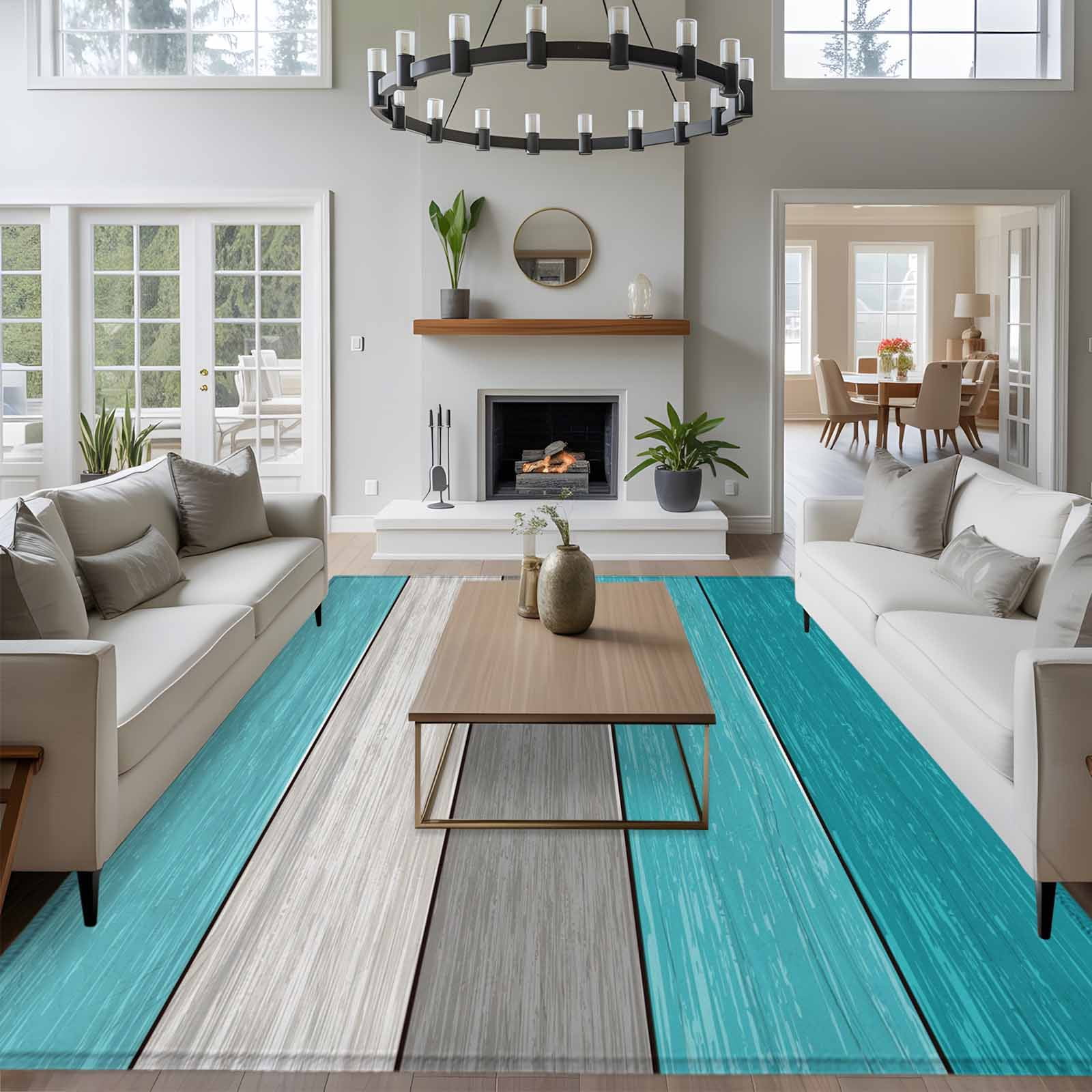Area Rug for Living Room, Turquoise Wood Grain Non-Slip Indoor Large Carpet for Bedroom/Dining Room, Country Retro Wooden Plank Gray Washable Low-Profile Rectangle Floor Runner Rugs - 6 x 9 Ft