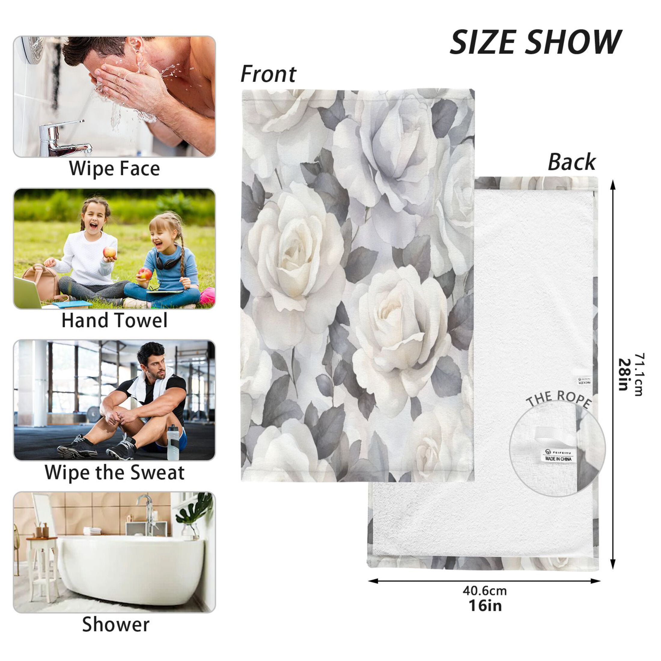 Cotton Towel Two-Piece 16x28 Inch One Sizex2 Face Towel Set Towel Set Cotton Hand Bath Towel Bathroom Beach White Roses Seamless