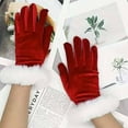 thumbnail image 6 of hoksml Women's Red Velvet Fashion Short Gloves with Feather Cuff for Christmas Wedding, 6 of 8