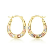 14K Tri Color Gold Greek Key Hoop Earrings