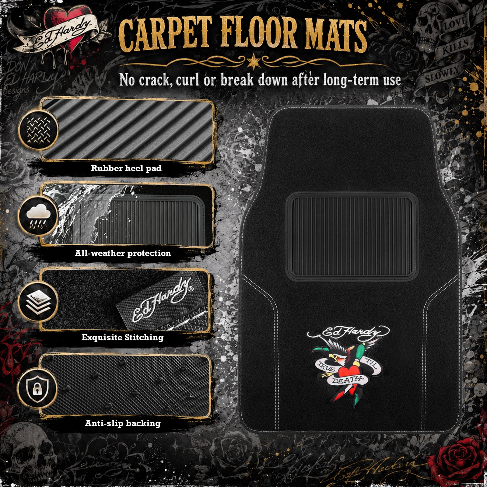 Ed Hardy Car Floor Mats, Fashion Print Carpet Floor Mats Set with Dagger Heart & Eagle Graphic, Faux Leather Floor Mats, Front and Rear Interior Protection for Cars, Trucks and SUVs