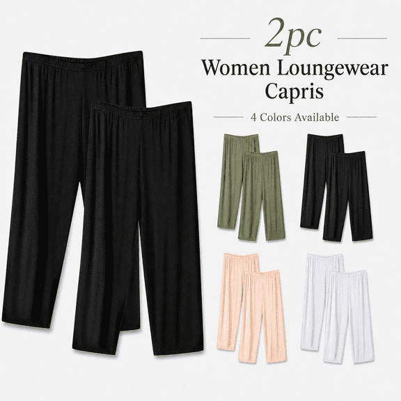 2 Pack Loose Capris for Women Elastic Waist Wide Leg Lightweight Pants Casual Comfy Home Capris Pants
