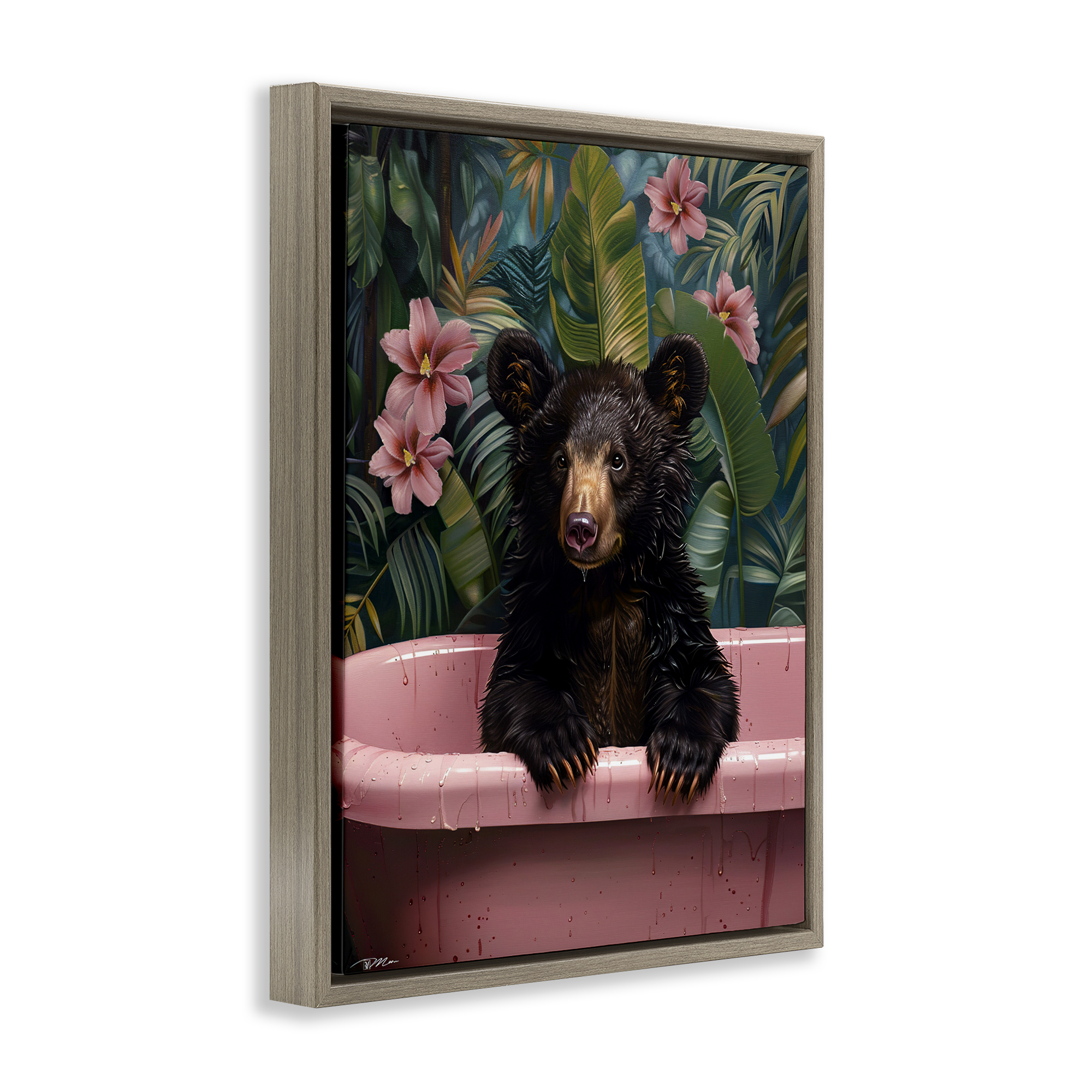 Bruno Bear in Pink Tub Brown Framed Floater Canvas Wall Art, design by Momart