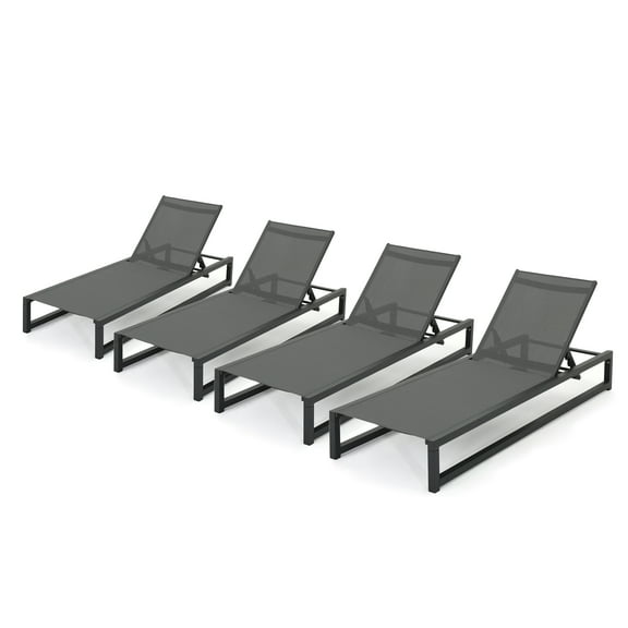 Moderna Outdoor Aluminum Framed Chaise Lounge with Grey Mesh Body, Set of 4, Black