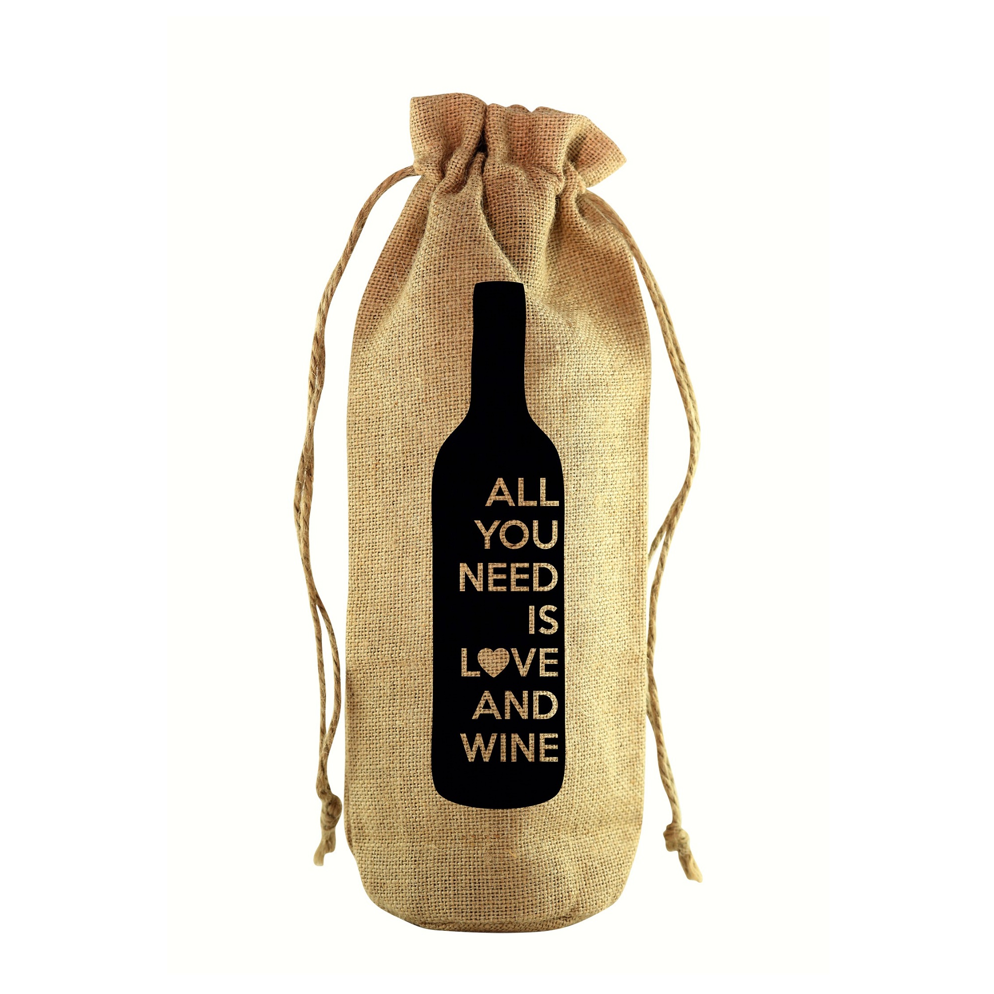 16" Brown and Black Printed "All You Need is Love and Wine" Jute Wine