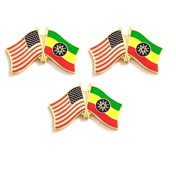 Ethiopia & US Crossed Double Flag Lapel Pins, Pack of 3