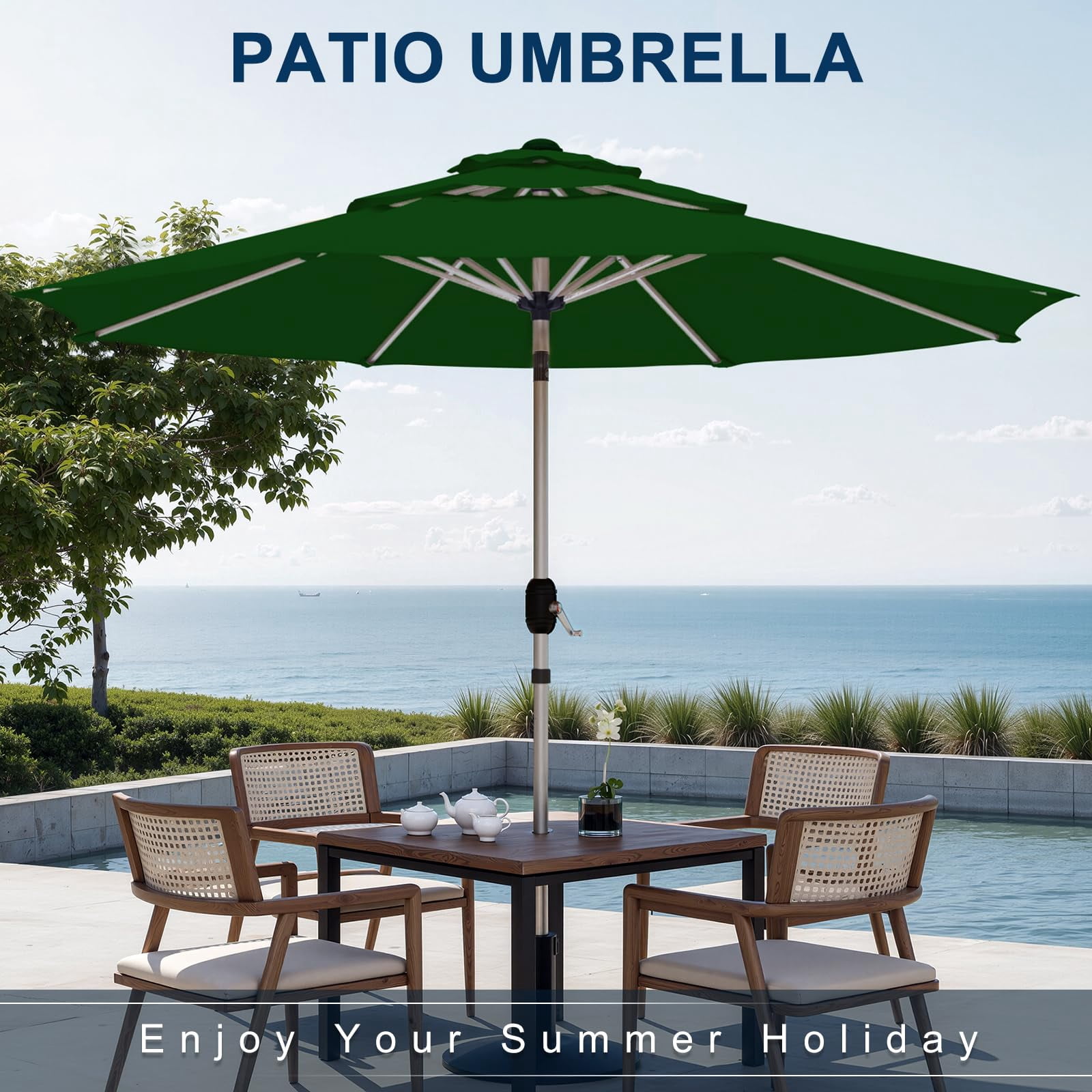 10FT 3-Tier Aluminum Outdoor Patio Umbrella, Fade-Resistant Market Umbrella with Push Button Tilt Function, 8 Sturdy All-Aluminum Ribs for Gardens, Patios, Backyards & Pools (Green)