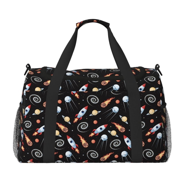 Xecao Space Rocket Pattern Lightweight Crossbody Weekender Bag Mesh Side Pockets Padded Handles Sports Outdoor Gear Organizer