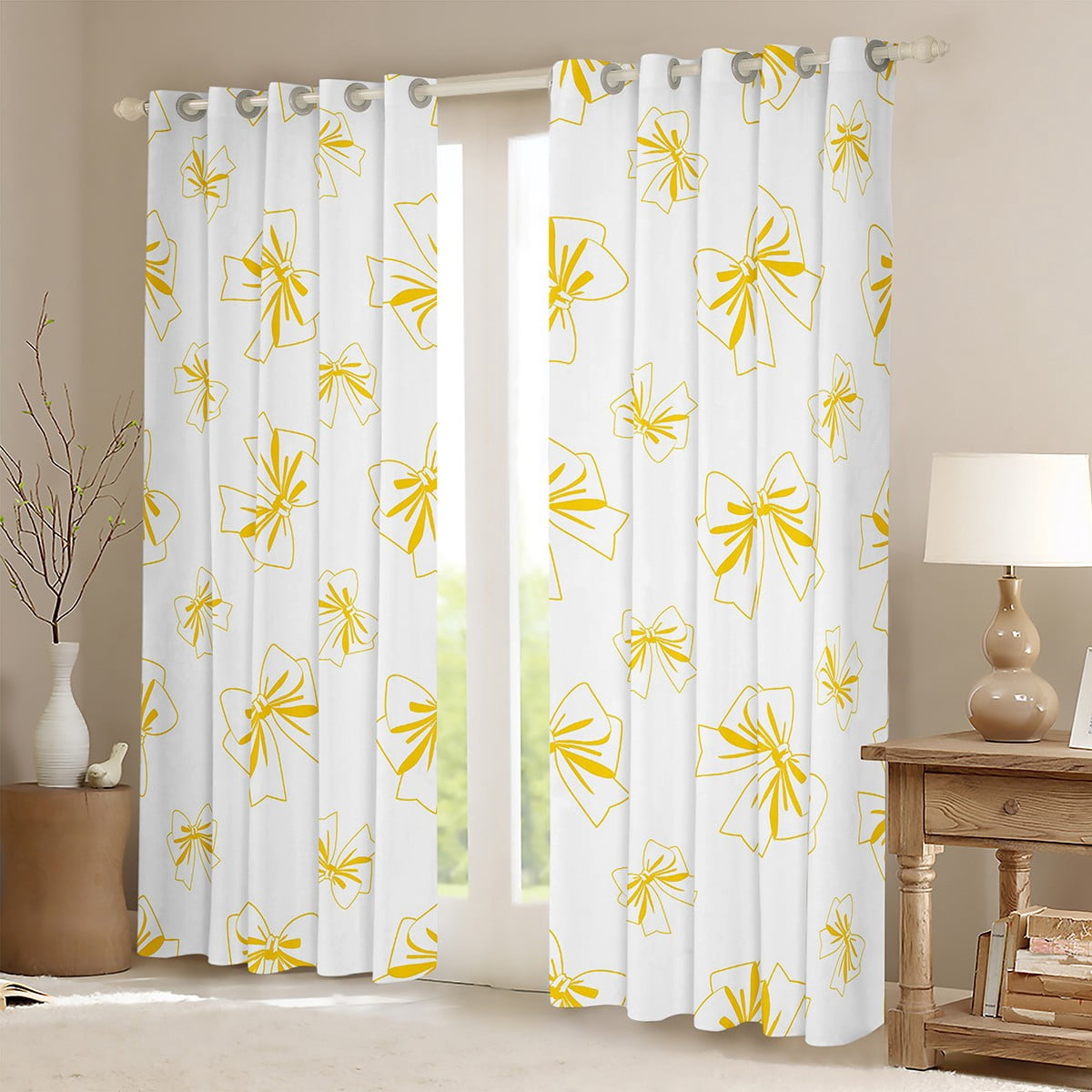 Manfei Lovely Bowtie Black Out Curtains,Yellow White Curtains Pack of 2 (42x63 Each),Ribbon Bow Knot Bedroom Curtains For Girls,Microfiber Bedroom Decor