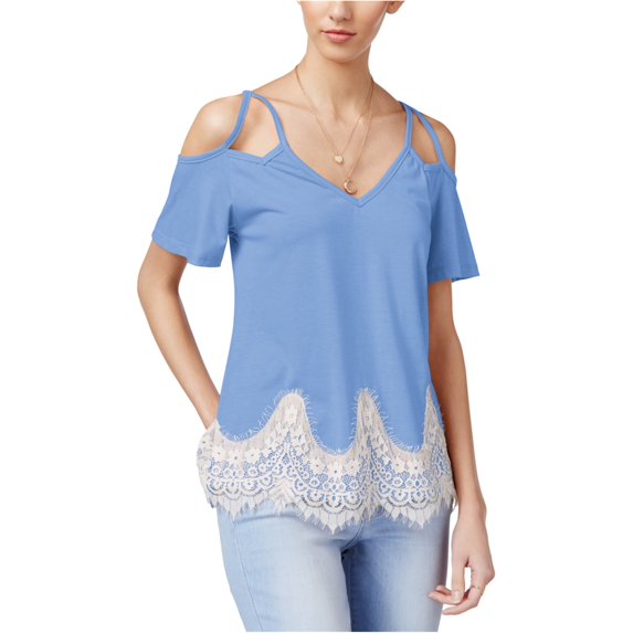 Self E Womens Lace Trim Knit Blouse, Blue, Small