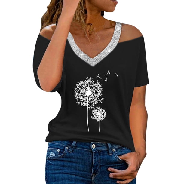 Gibobby Playera Termica Para Mujer Blusa de manga corta con estampado de diente de león y cuello en V de verano para mujer(Negro, XXXL)