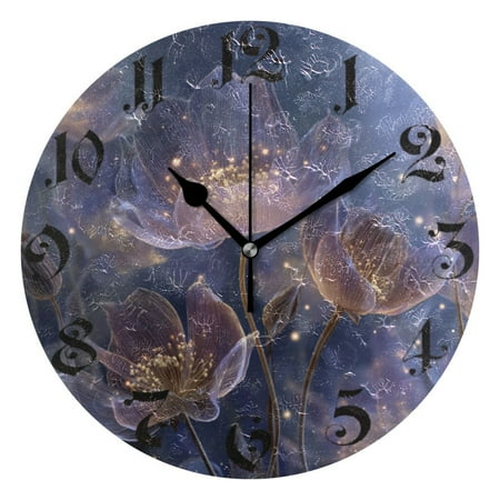DEIARA Transparent Purple Flowers Burgundy Butterfly Wall Clock 10in Silent Mechanism Battery Operated Retro Style for Living Room Bedroom and Kitchen Black Pointer