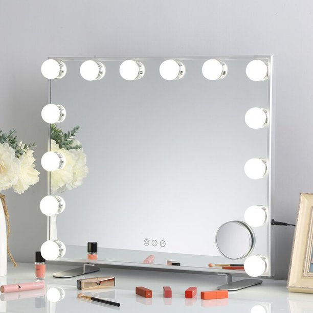 Fenair Large Hollywood Vanity Mirror with Lights Makeup Mirror Tabletop Wall Mount Metal Silver