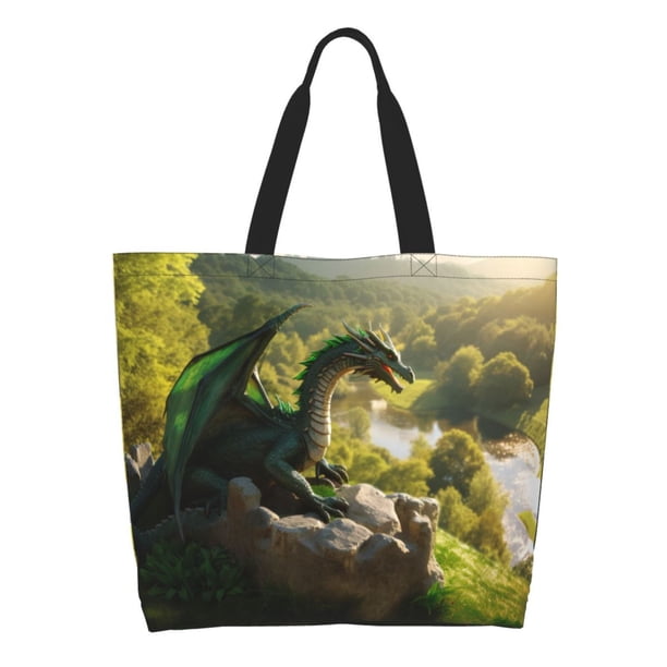 Fotbe Deep Forest Stone Green Dragon Bolsa Tote Estética de Lona con Estampado para Mujer - Bolsa Reutilizable de Hombro Casual para Vacaciones, Compras, Trabajo y Gimnasio