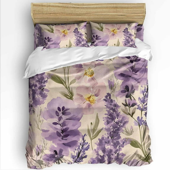 Spring Flowers Queen Size Comforter Set, Lavender Leaf Purple Floral Vintage Soft Bedding for All Seasons, 4 Pcs Bed Set with 1Comforter (90"x92") ,1 Sheet(94"x116"), 2 Pillowcases (19"x29")