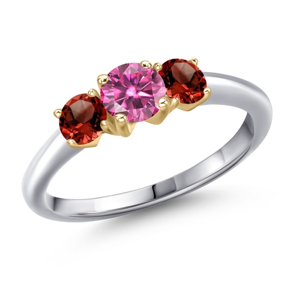 Gem Stone King 10K Two Tone Gold Pink Moissanite and Red Garnet Engagement Ring for Women | 1.24 Cttw | Round 5MM | Gemstone Birthstone | Size 7