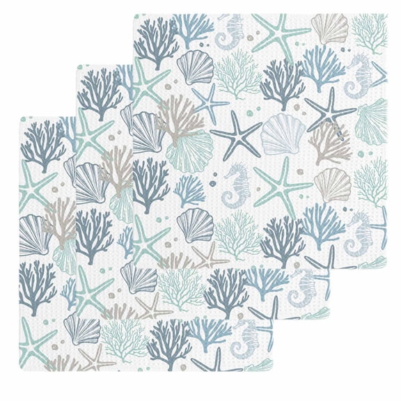 Aqua Teal Coastal Dish Towels Set, Waffle Weave Kitchen Towels 3 Pieces, Summer Beach Starfish Coral Nautical Microfiber Hair Face Bath Tea Towel Absorbent Quick Drying Cleaning Dish Cloths 12"x12"