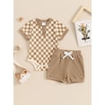 thumbnail image 2 of Bagilaanoe 2pcs Newborn Baby Boy Shorts Set Short Sleeve Checkerboard Print Romper Tops + Shorts 3M 6M 9M 12M 18M Infant Casual Summer Clothes, 2 of 7