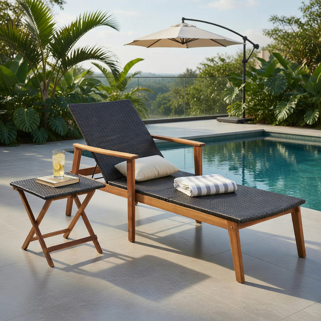 Hommoo 4-Position Adjustable Patio Chaise Lounge with Foldable Side Table, Heavy-Duty Acacia Wood & PE Rattan Outdoor Recliner Set for Backyard, Poolside, and Deck, Brown