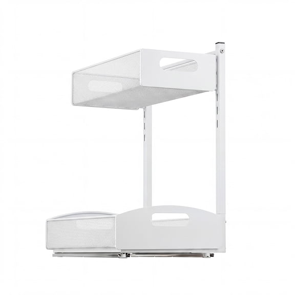 KFFKFF Under Sink Organizer, 2-Pack 2-Tier Pull-Out Cabinet Storage with Adjustable Heights, Metal Sliding Shelf, Versatile Storage Solution for Bathroom and Kitchen, White