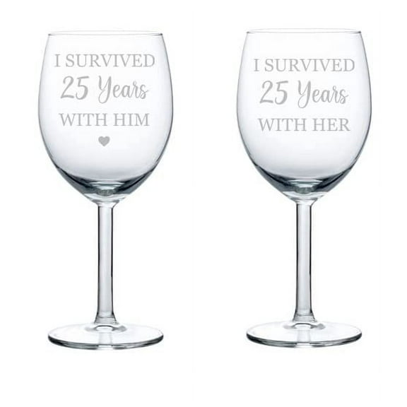 Set of 2 Wine Glass Goblet Gift I Survived 25 Years 25th Anniversary (10 oz)
