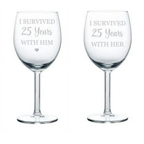 Set of 2 Wine Glass Goblet Gift I Survived 25 Years 25th Anniversary (10 oz)